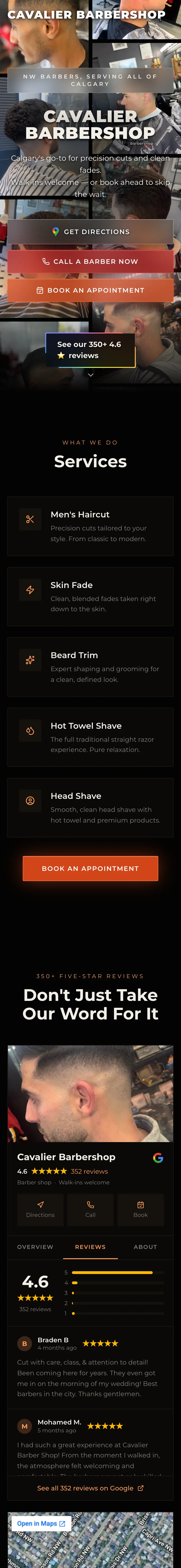 Cavalier Barbershop website on a phone